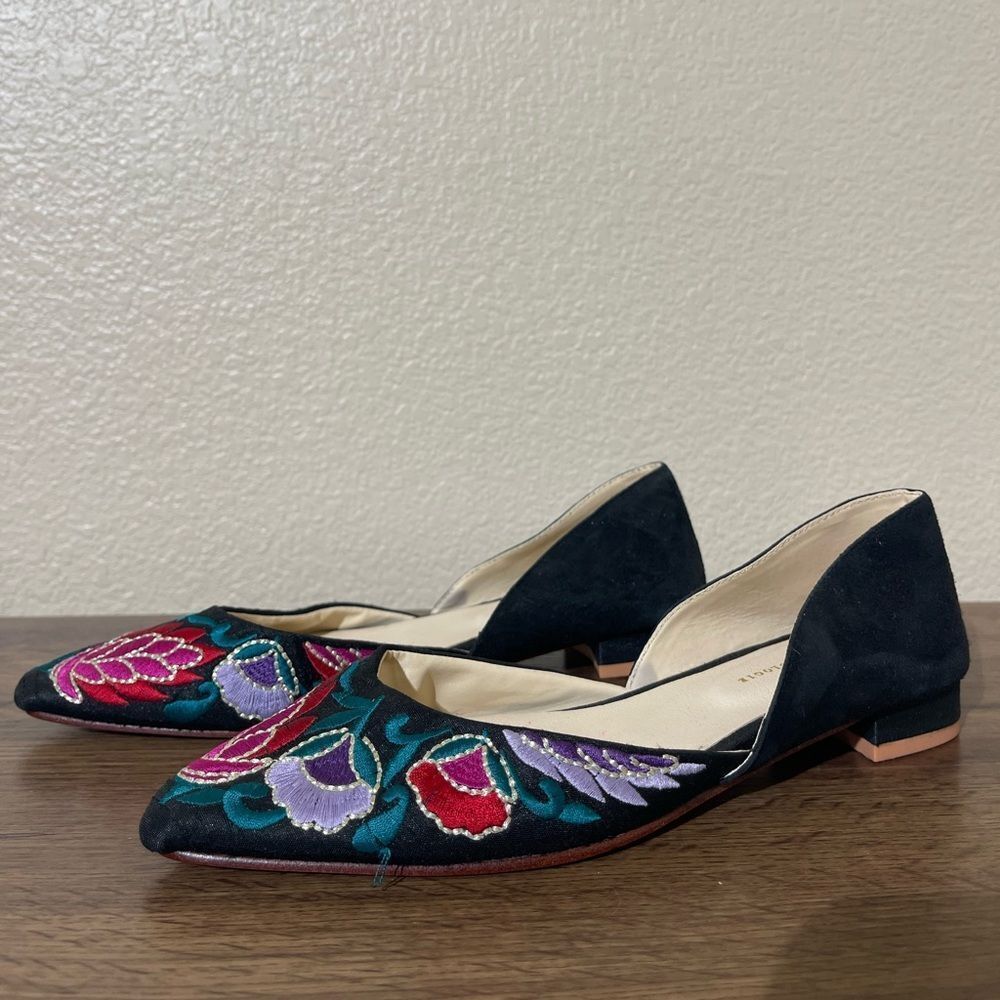 Anthropologie Black Suede Pointed Flats with Multicolor Floral Embroidery